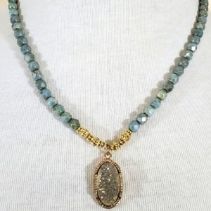 Green natural druzy and Czech glass beaded necklace NWT